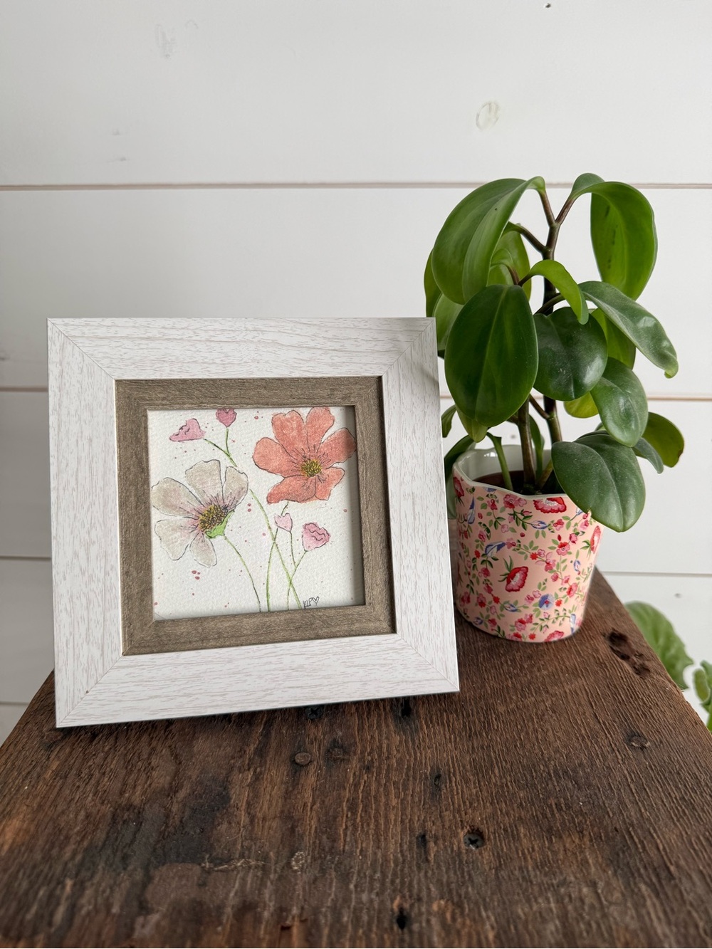 Hand crafted Floral Watercolor Flowers in 4x4 wooden frame